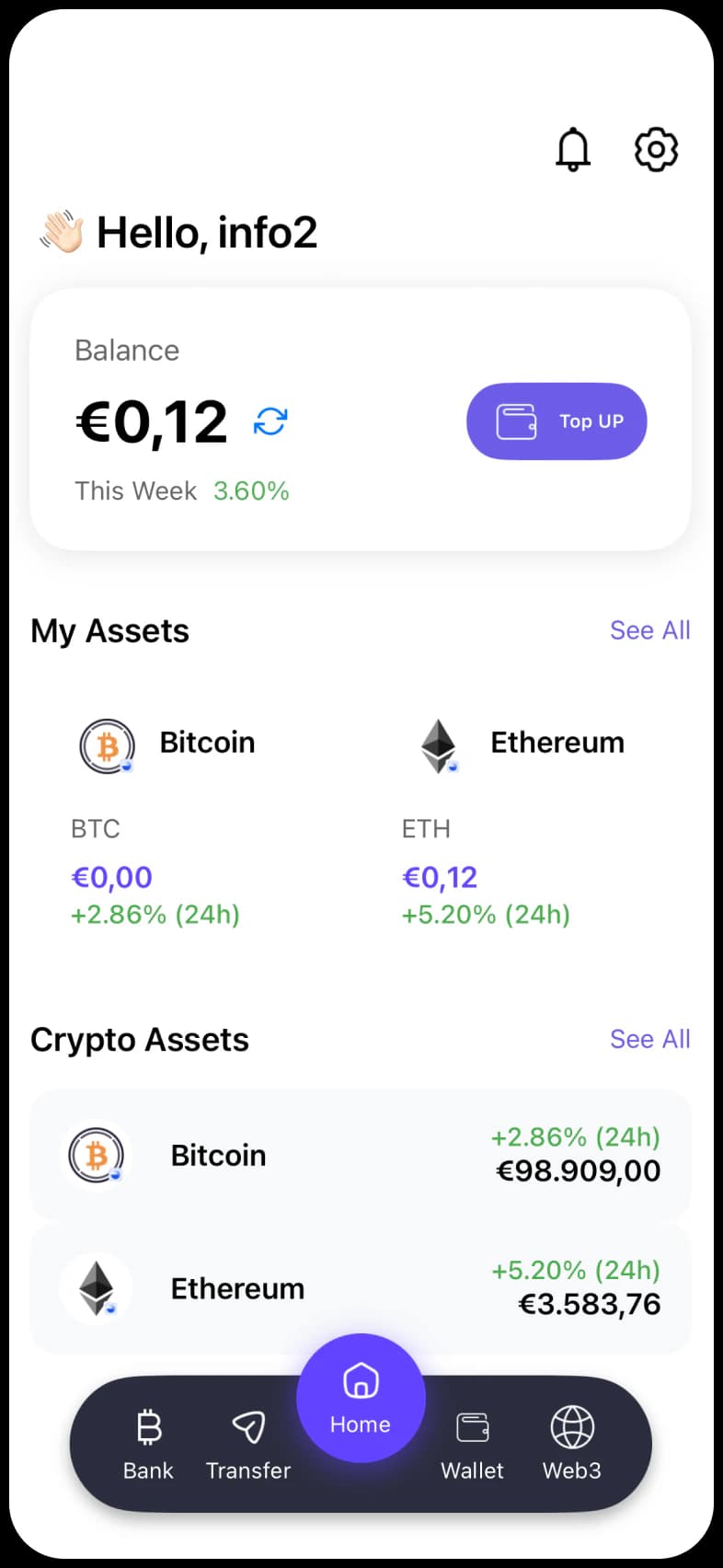 Aurea app screen showing the crypto investment features