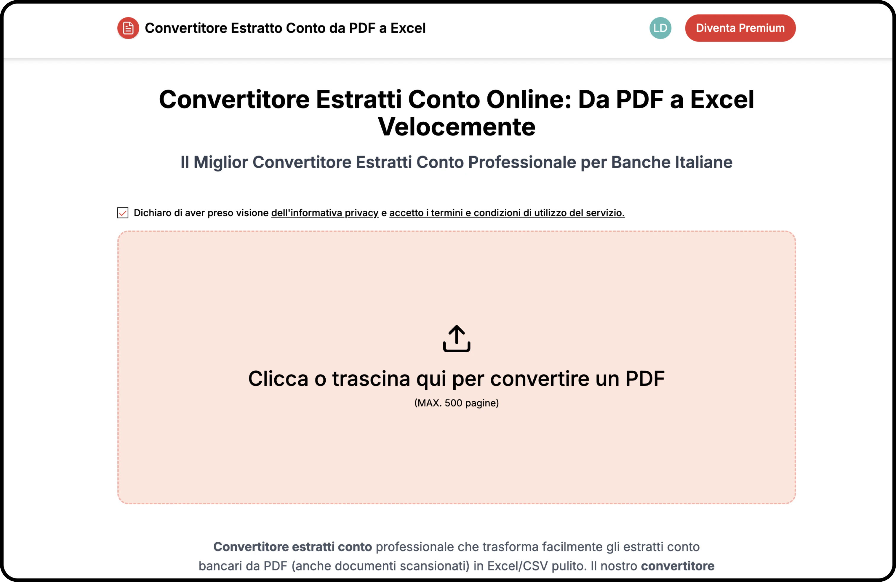 ConvertitoreEstrattiConto.com web interface for converting PDF bank statements to CSV and Excel