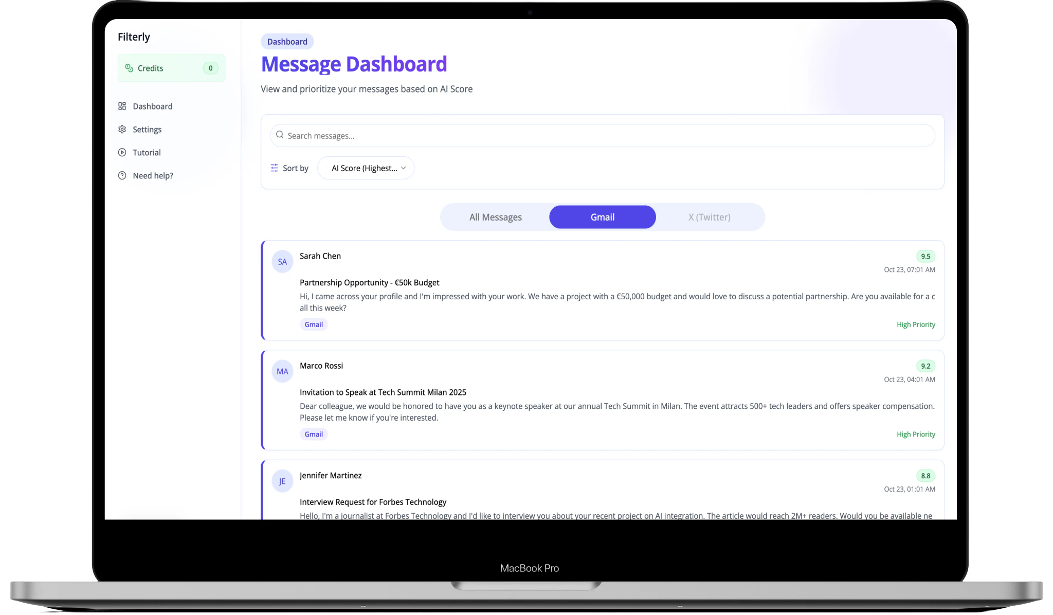 Dashboard di Filterly con l'analisi automatica delle email e il punteggio di priorità
