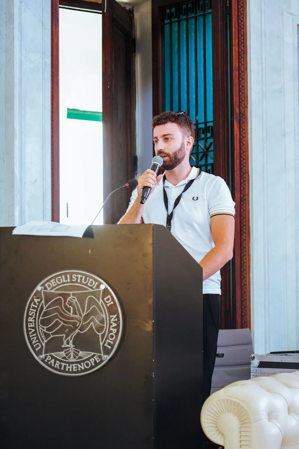 Luca Di Domenico during a talk on agentic coding and the developer's role in 2026 at CTRL SHIFT, Parthenope University of Naples.