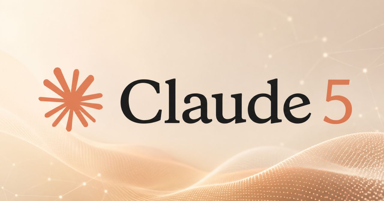 The words Claude 5 with Anthropic’s orange starburst logo on a beige background crossed by waves of glowing particles