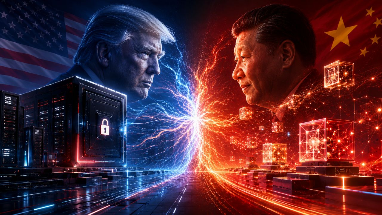 Illustrazione digitale con Trump e Xi Jinping uno di fronte all’altro tra le bandiere di USA e Cina, server blindati con lucchetto da un lato e cubi di reti neurali luminose dall’altro