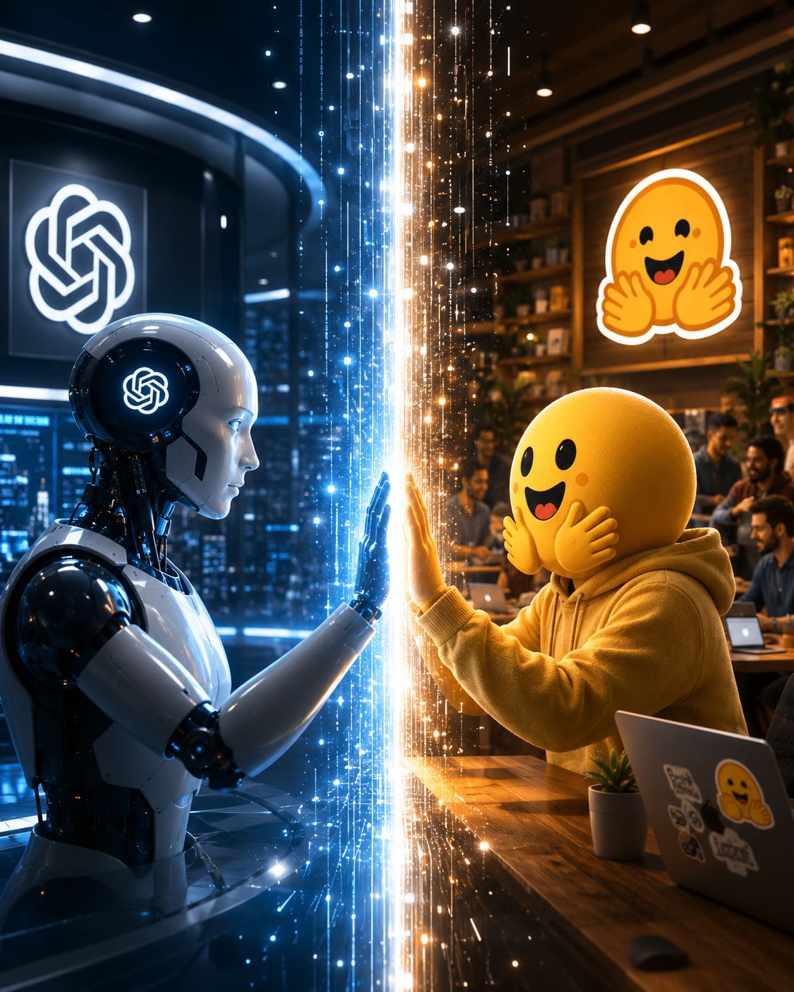 A humanoid robot with the OpenAI logo and the Hugging Face emoji mascot touch hands through a barrier of light dividing a high-tech lab from a crowded café