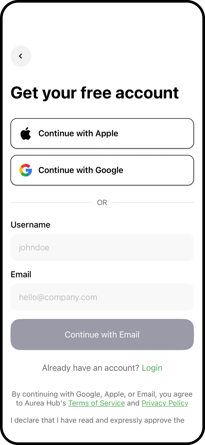 Schermata di onboarding Aurea con login social