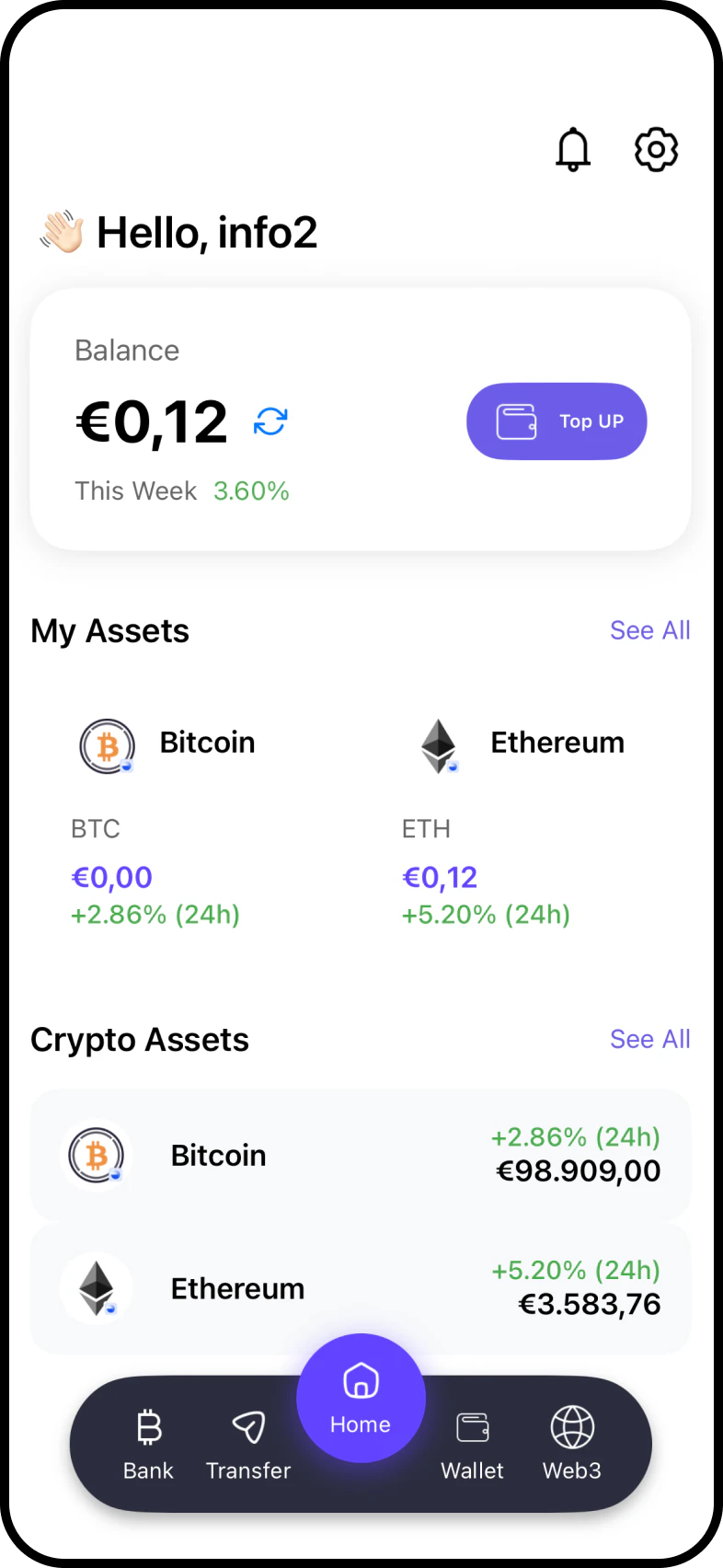 Dashboard principale Aurea con balance e crypto assets