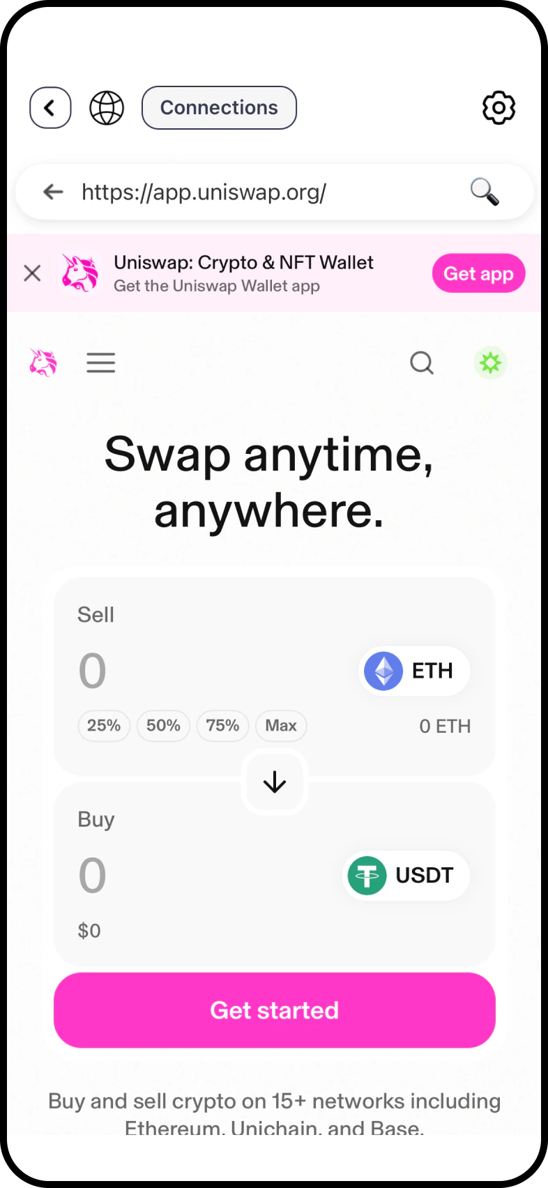 Wallet browser integrato con accesso a Uniswap