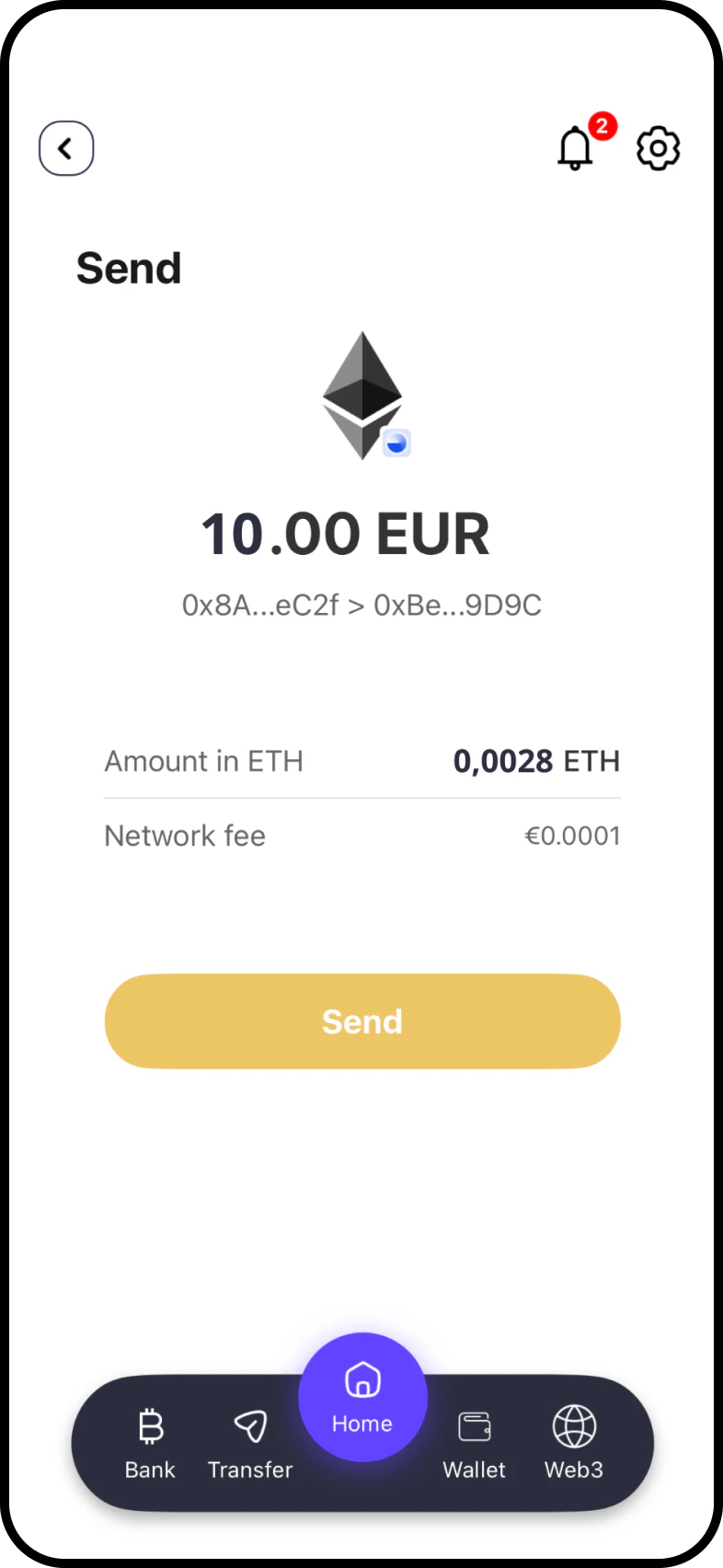 Schermata di invio crypto con calcolo gas fees